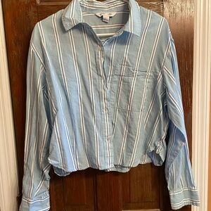 Old Navy Light Blue and White Striped Cropped Shirt